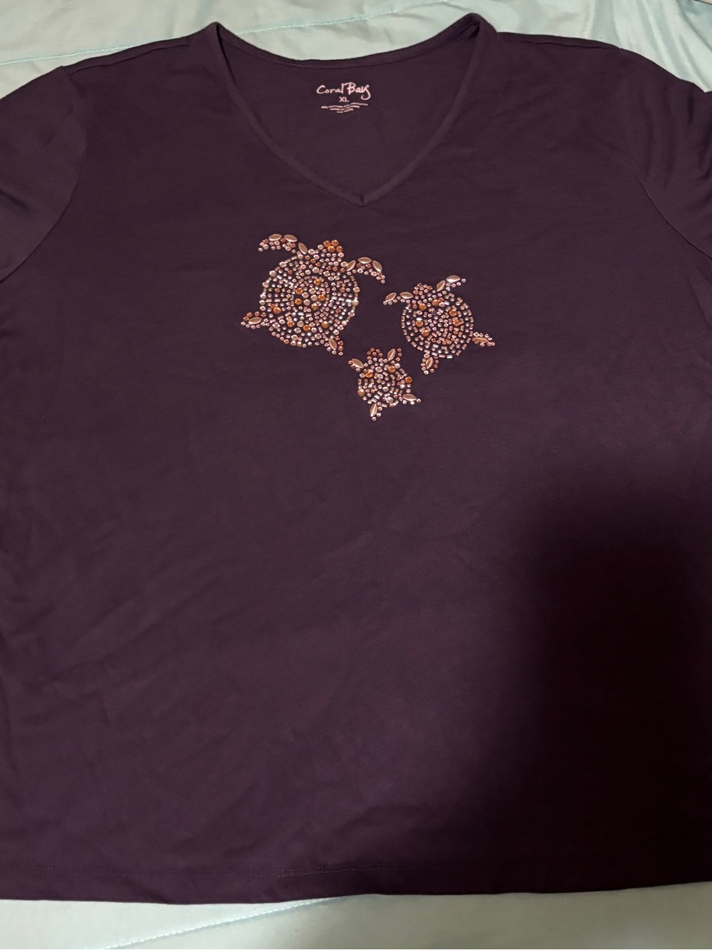 Coral Bay Women's V-Neck Tee with Turtle Rhinestone Design -blue